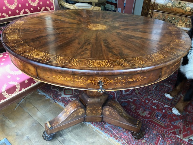 Marquetry Charles X Round Side Table, Antique Round Pedestal Table With Drawer