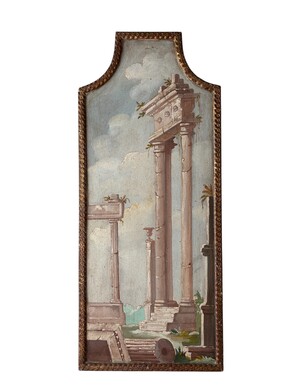 Landscape painting of ruins in Italy, Grand Tour, 19th century. Beautiful decorative oil painting on panel with gilt frame. Dimensions: Height: 91 cm Width: 39 cm Depth: 2 cm In good 19th century condition.
