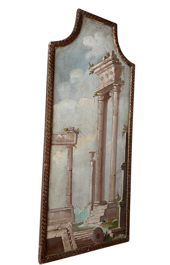 Landscape painting of ruins in Italy, Grand Tour, 19th century. Beautiful decorative oil painting on panel with gilt frame. Dimensions: Height: 91 cm Width: 39 cm Depth: 2 cm In good 19th century condition.
