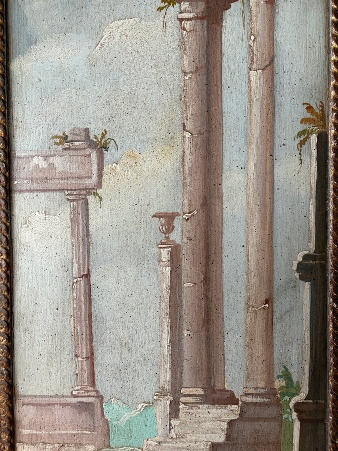 Landscape painting of ruins in Italy, Grand Tour, 19th century. Beautiful decorative oil painting on panel with gilt frame. Dimensions: Height: 91 cm Width: 39 cm Depth: 2 cm In good 19th century condition.