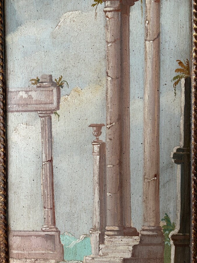 Landscape painting of ruins in Italy, Grand Tour, 19th century. Beautiful decorative oil painting on panel with gilt frame. Dimensions: Height: 91 cm Width: 39 cm Depth: 2 cm In good 19th century condition.