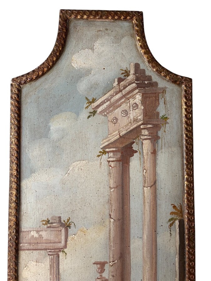Landscape painting of ruins in Italy, Grand Tour, 19th century. Beautiful decorative oil painting on panel with gilt frame. Dimensions: Height: 91 cm Width: 39 cm Depth: 2 cm In good 19th century condition.