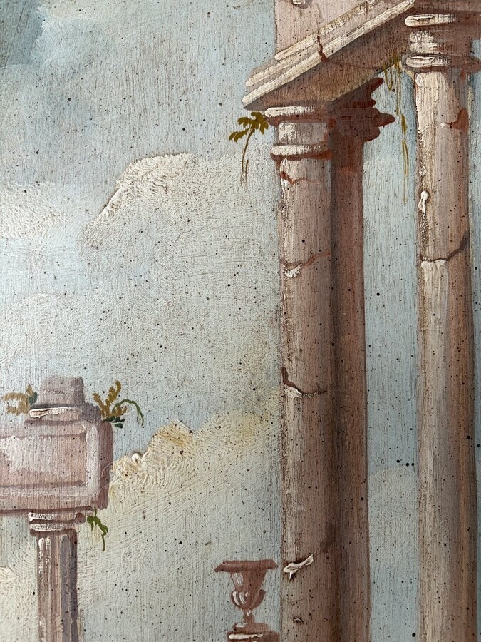 Landscape painting of ruins in Italy, Grand Tour, 19th century. Beautiful decorative oil painting on panel with gilt frame. Dimensions: Height: 91 cm Width: 39 cm Depth: 2 cm In good 19th century condition.