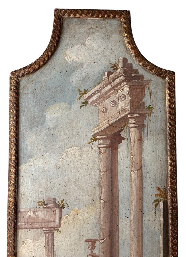 Landscape painting of ruins in Italy, Grand Tour, 19th century. Beautiful decorative oil painting on panel with gilt frame. Dimensions: Height: 91 cm Width: 39 cm Depth: 2 cm In good 19th century condition.