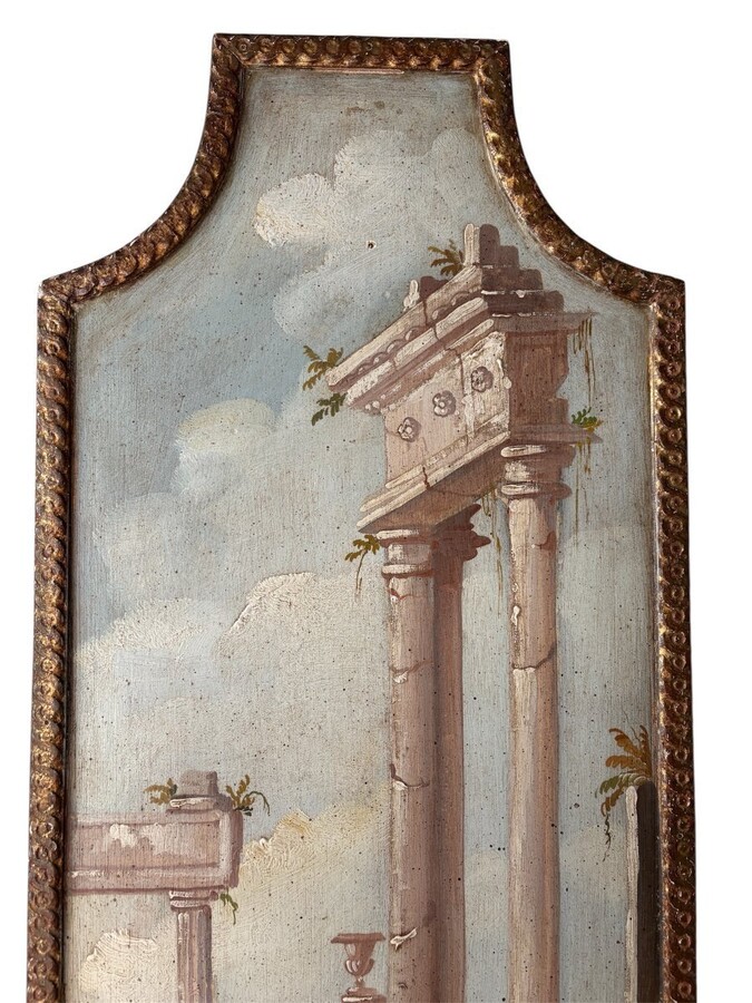 Landscape painting of ruins in Italy, Grand Tour, 19th century. Beautiful decorative oil painting on panel with gilt frame. Dimensions: Height: 91 cm Width: 39 cm Depth: 2 cm In good 19th century condition.