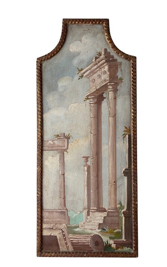 Landscape painting of ruins in Italy, Grand Tour, 19th century. Beautiful decorative oil painting on panel with gilt frame. Dimensions: Height: 91 cm Width: 39 cm Depth: 2 cm In good 19th century condition.