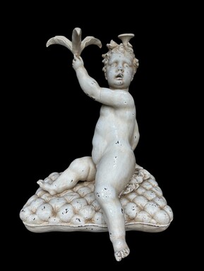 Large 18thC. painted wood sculpture of a putti. ( 92 cm ) Very decorative wooden sculpture representing a large putti with a shell in his hand, sitting on a cushion. The sculpture can be used as a table or pedestal if a glass or marble top is used. Dimens