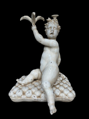 Large 18thC. painted wood sculpture of a putti. ( 92 cm ) Very decorative wooden sculpture representing a large putti with a shell in his hand, sitting on a cushion. The sculpture can be used as a table or pedestal if a glass or marble top is used. Dimens