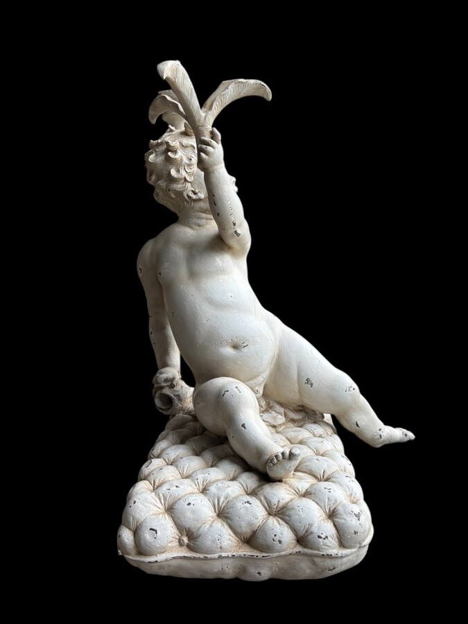 Large 18thC. painted wood sculpture of a putti. ( 92 cm ) Very decorative wooden sculpture representing a large putti with a shell in his hand, sitting on a cushion. The sculpture can be used as a table or pedestal if a glass or marble top is used.