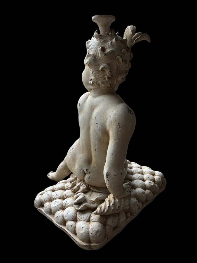 Large 18thC. painted wood sculpture of a putti. ( 92 cm ) Very decorative wooden sculpture representing a large putti with a shell in his hand, sitting on a cushion. The sculpture can be used as a table or pedestal if a glass or marble top is used.