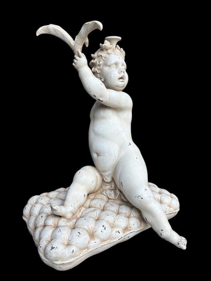 Large 18thC. painted wood sculpture of a putti. ( 92 cm ) Very decorative wooden sculpture representing a large putti with a shell in his hand, sitting on a cushion. The sculpture can be used as a table or pedestal if a glass or marble top is used.