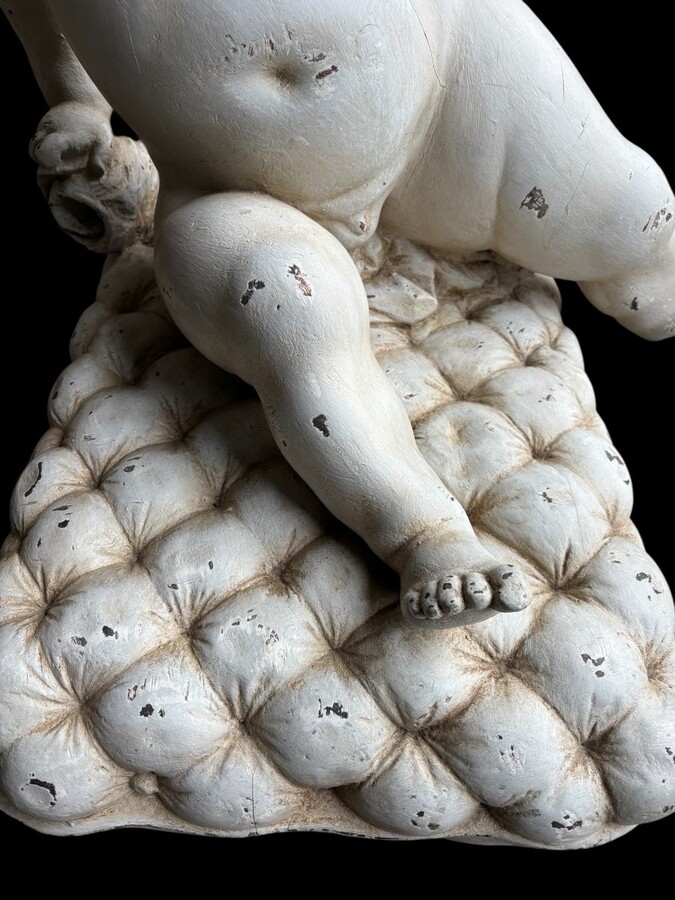 Large 18thC. painted wood sculpture of a putti. ( 92 cm ) Very decorative wooden sculpture representing a large putti with a shell in his hand, sitting on a cushion. The sculpture can be used as a table or pedestal if a glass or marble top is used.