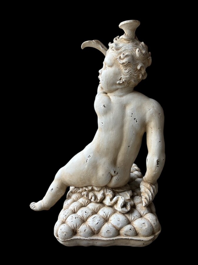 Large 18thC. painted wood sculpture of a putti. ( 92 cm ) Very decorative wooden sculpture representing a large putti with a shell in his hand, sitting on a cushion. The sculpture can be used as a table or pedestal if a glass or marble top is used.