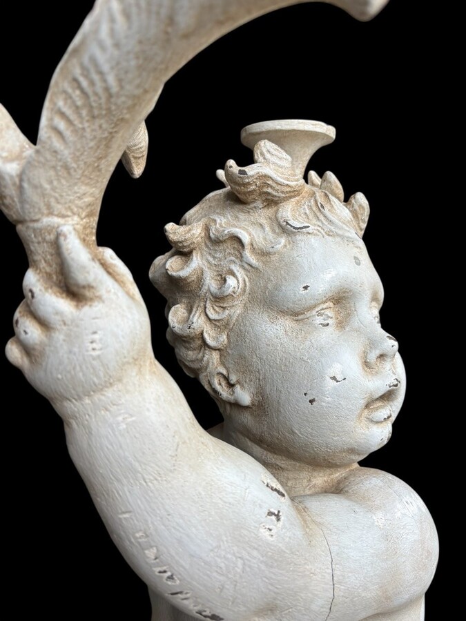 Large 18thC. painted wood sculpture of a putti. ( 92 cm ) Very decorative wooden sculpture representing a large putti with a shell in his hand, sitting on a cushion. The sculpture can be used as a table or pedestal if a glass or marble top is used.