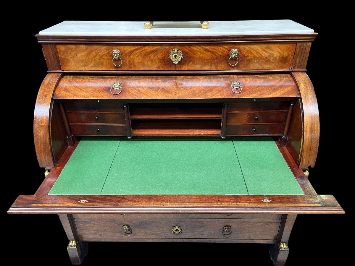 Large 19th century Empire mahogany and gilt bronze cylinder desk. Beautiful desk d'epoque Empire in used condition and could use some restoration to the legs. Desk has a white marble top and is fitted with 2 45 cm extensions on the left and right.