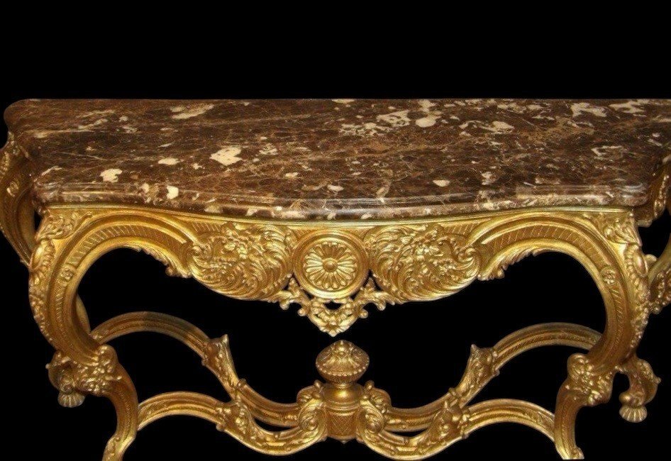 Large 4-foot console Louis XV style in gilded wood 19th century Beautiful large console with original gilding and 4 cm thick marble top. Marble in very good condition , base in wood has some old restorations on the legs. Dimensions : Width : 191 cm