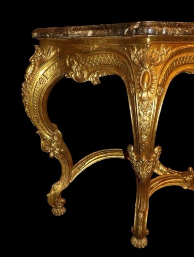Large 4-foot console Louis XV style in gilded wood 19th century Beautiful large console with original gilding and 4 cm thick marble top. Marble in very good condition , base in wood has some old restorations on the legs. Dimensions : Width : 191 cm