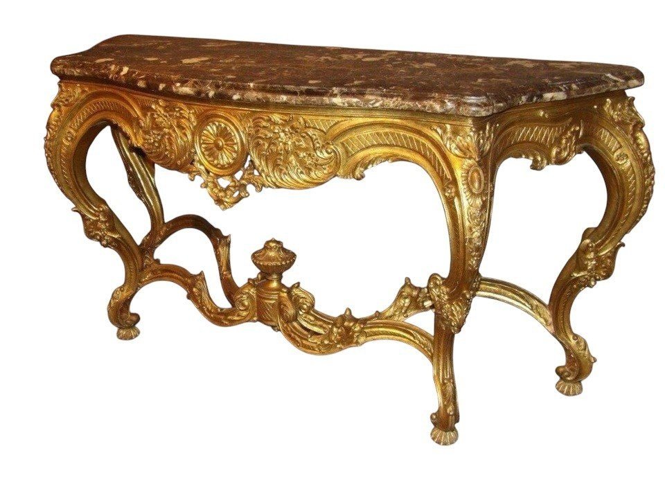 Large 4-foot console Louis XV style in gilded wood 19th century Beautiful large console with original gilding and 4 cm thick marble top. Marble in very good condition , base in wood has some old restorations on the legs. Dimensions : Width : 191 cm
