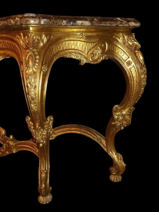 Large 4-foot console Louis XV style in gilded wood 19th century Beautiful large console with original gilding and 4 cm thick marble top. Marble in very good condition , base in wood has some old restorations on the legs. Dimensions : Width : 191 cm