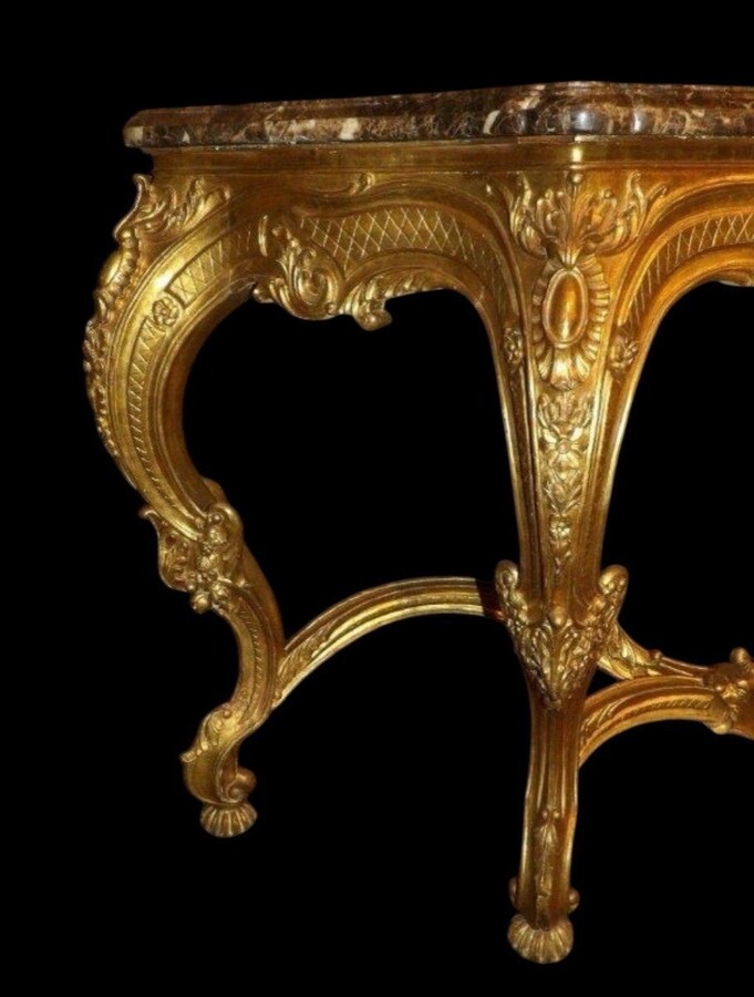 Large 4-foot console Louis XV style in gilded wood 19th century Beautiful large console with original gilding and 4 cm thick marble top. Marble in very good condition , base in wood has some old restorations on the legs. Dimensions : Width : 191 cm