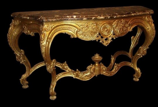 Large 4-foot console Louis XV style in gilded wood 19th century Beautiful large console with original gilding and 4 cm thick marble top. Marble in very good condition , base in wood has some old restorations on the legs. Dimensions : Width : 191 cm