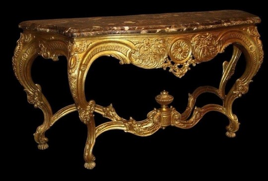Large 4-foot console Louis XV style in gilded wood 19th century Beautiful large console with original gilding and 4 cm thick marble top. Marble in very good condition , base in wood has some old restorations on the legs. Dimensions : Width : 191 cm
