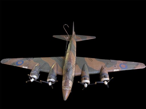 Large 50's model plane Very decorative 4 engine plane with lights and switches, made from wood and linen. Lights and engines not working, need to be checked. Dimensions: Wingspan: 184 cm Length: 120 cm Height: 34 cm Nice item from the 50s.