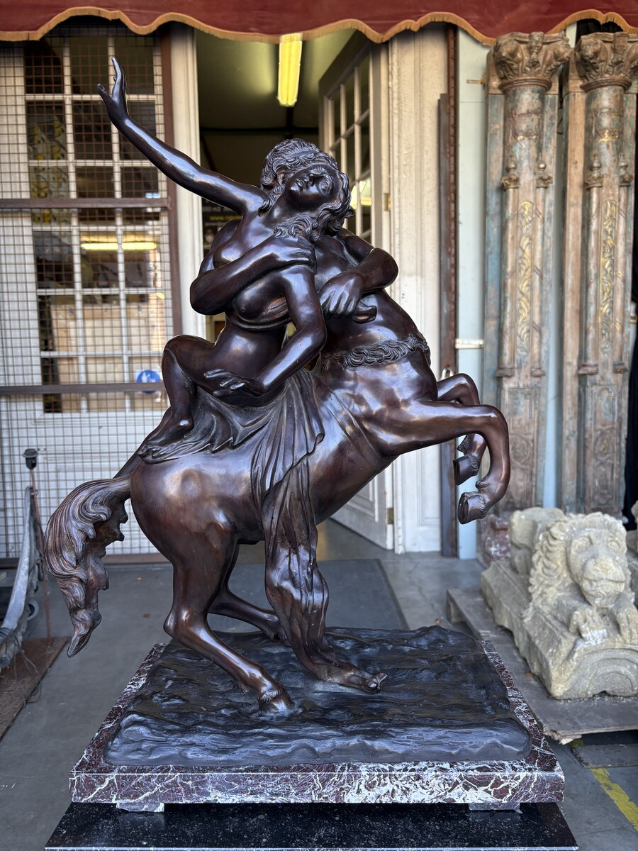 Large bronze sculpture, ‘Nessus Abducting Deianira’, Greek mythology, 20thC. A nice bronze sculpture depicting the centaur Nessus abducting Deianira, the wife of Heracles. The bronze sculpture is mounted on a marble plinth. 