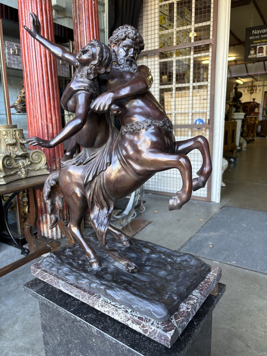 Large bronze sculpture, ‘Nessus Abducting Deianira’, Greek mythology, 20thC. A nice bronze sculpture depicting the centaur Nessus abducting Deianira, the wife of Heracles. The bronze sculpture is mounted on a marble plinth. 