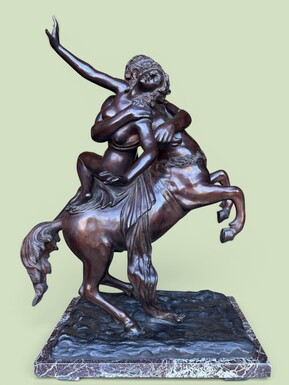 Large bronze sculpture, ‘Nessus Abducting Deianira’, Greek mythology, 20thC. A nice bronze sculpture depicting the centaur Nessus abducting Deianira, the wife of Heracles. The bronze sculpture is mounted on a marble plinth. 