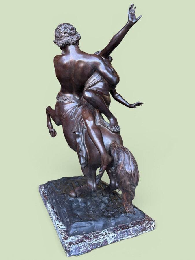 Large bronze sculpture, ‘Nessus Abducting Deianira’, Greek mythology, 20thC. A nice bronze sculpture depicting the centaur Nessus abducting Deianira, the wife of Heracles. The bronze sculpture is mounted on a marble plinth. 