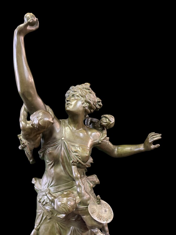 Large bronze sculpture signed by De Wever entitled ‘Nothing comes without effort’.  A lady with five putti, allegories of the arts (sculpture, music, painting, architecture and literature