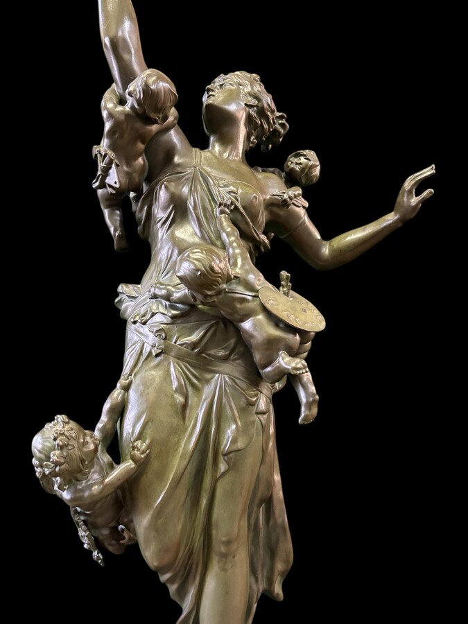 Large bronze sculpture signed by De Wever entitled ‘Nothing comes without effort’.  A lady with five putti, allegories of the arts (sculpture, music, painting, architecture and literature