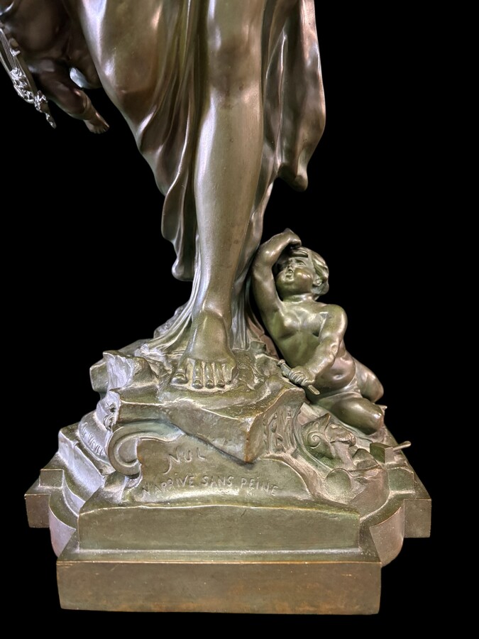 Large bronze sculpture signed by De Wever entitled ‘Nothing comes without effort’.  A lady with five putti, allegories of the arts (sculpture, music, painting, architecture and literature