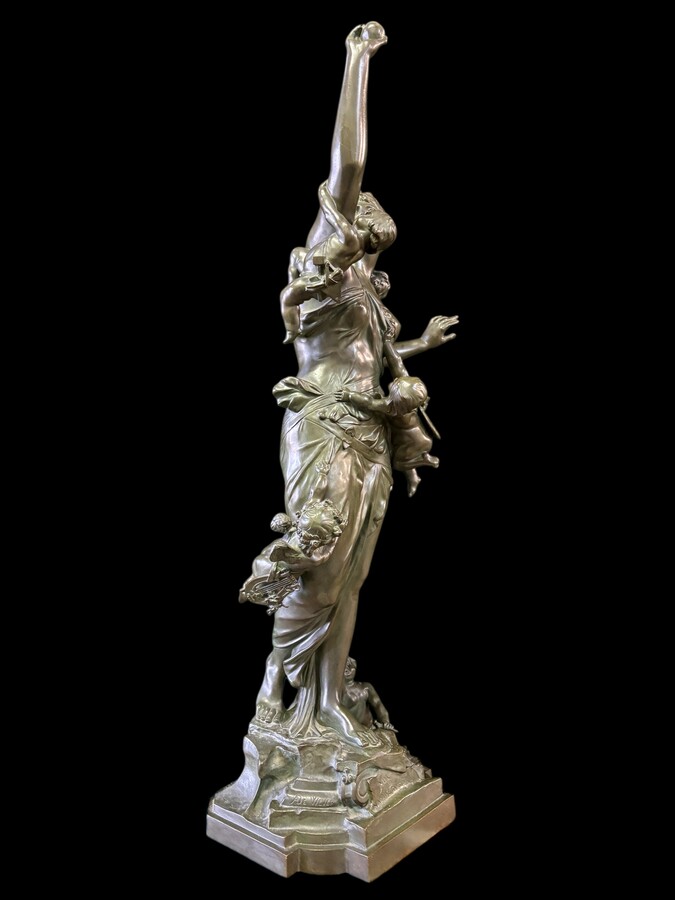 Large bronze sculpture signed by De Wever entitled ‘Nothing comes without effort’.  A lady with five putti, allegories of the arts (sculpture, music, painting, architecture and literature