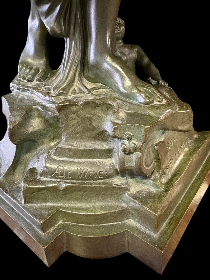 Large bronze sculpture signed by De Wever entitled ‘Nothing comes without effort’.  A lady with five putti, allegories of the arts (sculpture, music, painting, architecture and literature