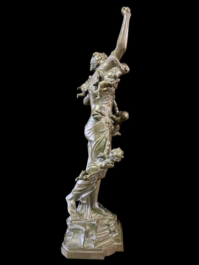 Large bronze sculpture signed by De Wever entitled ‘Nothing comes without effort’.  A lady with five putti, allegories of the arts (sculpture, music, painting, architecture and literature