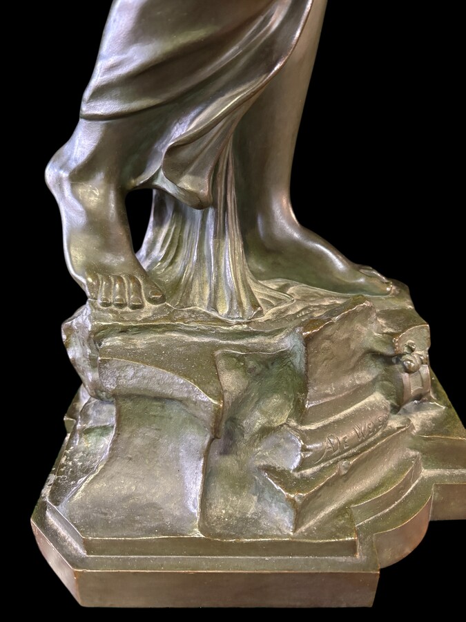 Large bronze sculpture signed by De Wever entitled ‘Nothing comes without effort’.  A lady with five putti, allegories of the arts (sculpture, music, painting, architecture and literature