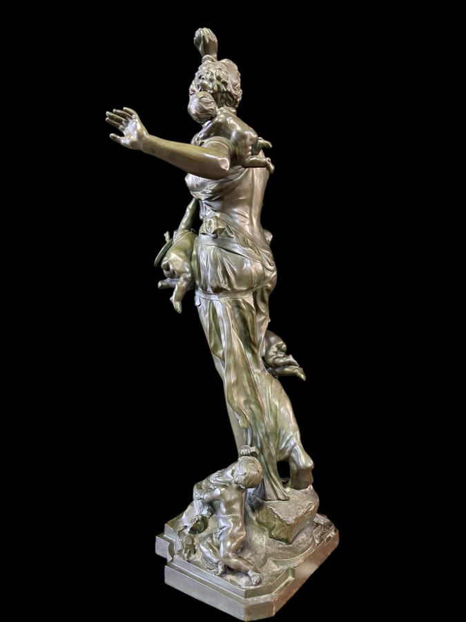 Large bronze sculpture signed by De Wever entitled ‘Nothing comes without effort’.  A lady with five putti, allegories of the arts (sculpture, music, painting, architecture and literature