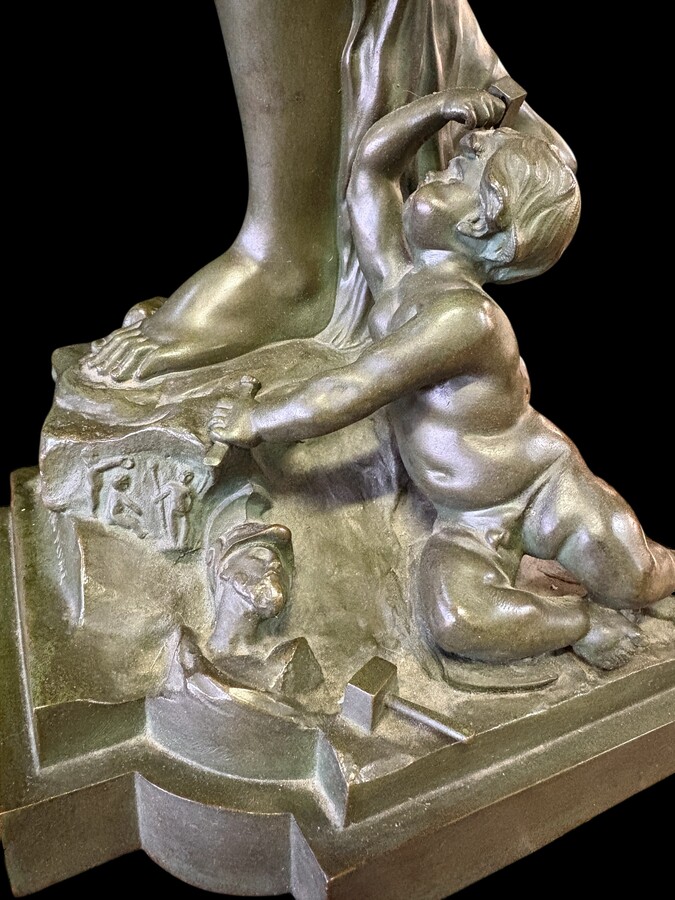 Large bronze sculpture signed by De Wever entitled ‘Nothing comes without effort’.  A lady with five putti, allegories of the arts (sculpture, music, painting, architecture and literature