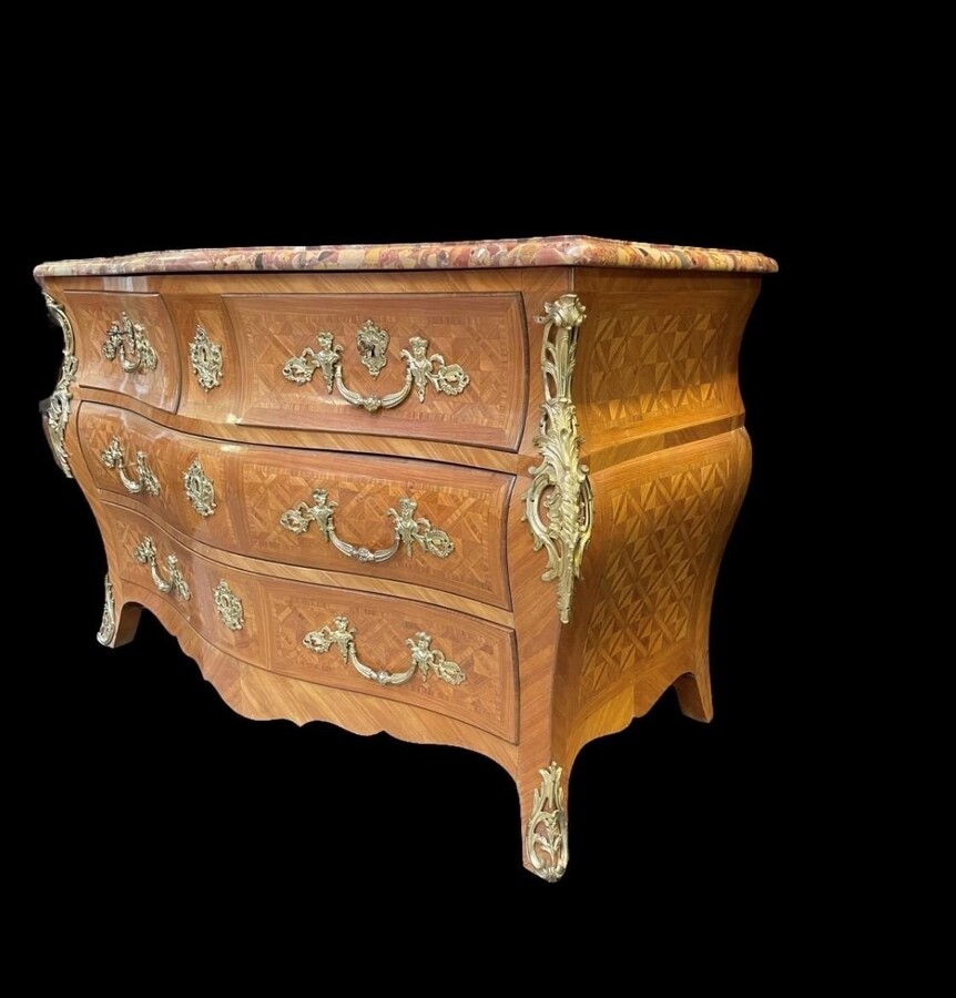 Large commode in Louis XV style 19thC. Dresser with parquet veneer, gilt bronze ornaments and fitted with 2 small drawers at the top and 2 large ones below. At the top a beautiful Plateau en Marbre Breche d'Alep. Dimensions : Width : 139 cm