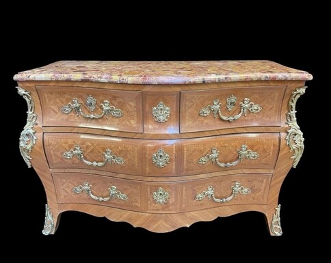Large commode in Louis XV style 19thC. Dresser with parquet veneer, gilt bronze ornaments and fitted with 2 small drawers at the top and 2 large ones below. At the top a beautiful Plateau en Marbre Breche d'Alep. Dimensions : Width : 139 cm