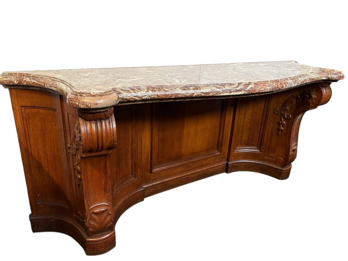Large curved oak console table with beautiful marble top, 19th century. High-quality oak console table/wall unit, finely carved, with a magnificent 7 cm thick ‘Rouge Griotte’ marble top. Dimension: Width: 230 cm