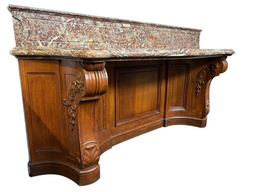Large curved oak console table with beautiful marble top, 19th century. High-quality oak console table/wall unit, finely carved, with a magnificent 7 cm thick ‘Rouge Griotte’ marble top. Dimension: Width: 230 cm