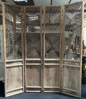 Large , decorative 4-piece door in solid wood 19thC. The doors have openwork panels at the top and closed panels at the bottom and have their original wrought iron fittings and a beautiful natural patina Dimensions : Height : 278 cm Total width : 240 cm (