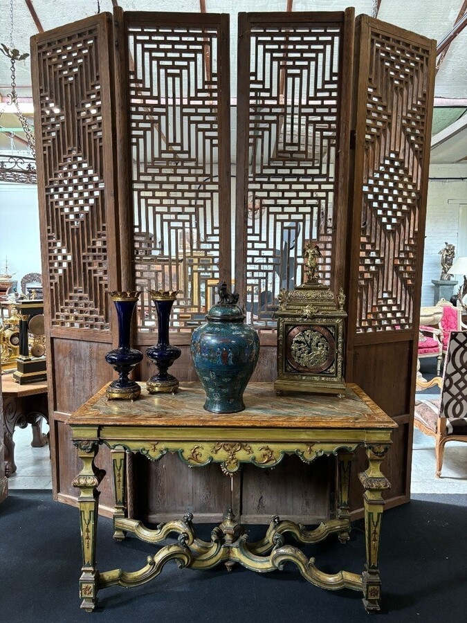 Large , decorative 4-piece door in solid wood 19thC. The doors have openwork panels at the top and closed panels at the bottom and have their original wrought iron fittings and a beautiful natural patina Dimensions : Height : 278 cm Total width : 240 cm