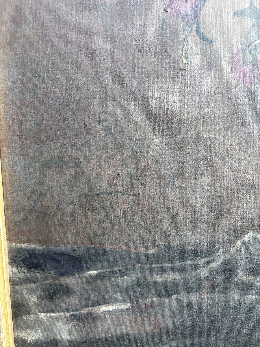 Large decorative oil painting on canvas, mounted on wood, depicting a large bouquet of flowers in a Japanese porcelain vase, with its magnificent original gilded frame. The work is signed lower left: Jules Guiette. (140 x 173.5 cm)