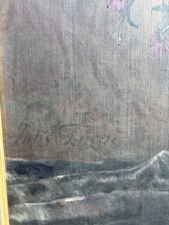 Large decorative oil painting on canvas, mounted on wood, depicting a large bouquet of flowers in a Japanese porcelain vase, with its magnificent original gilded frame. The work is signed lower left: Jules Guiette. (140 x 173.5 cm)