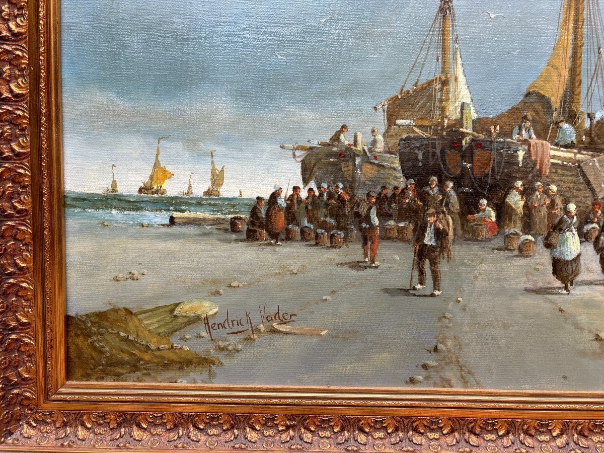 Large decorative painting ‘view of the beach’ oil on canvas 20th century. Beautiful painting depicting a beach scene with people, a horse with a cart and boats after fishing. Oil on canvas