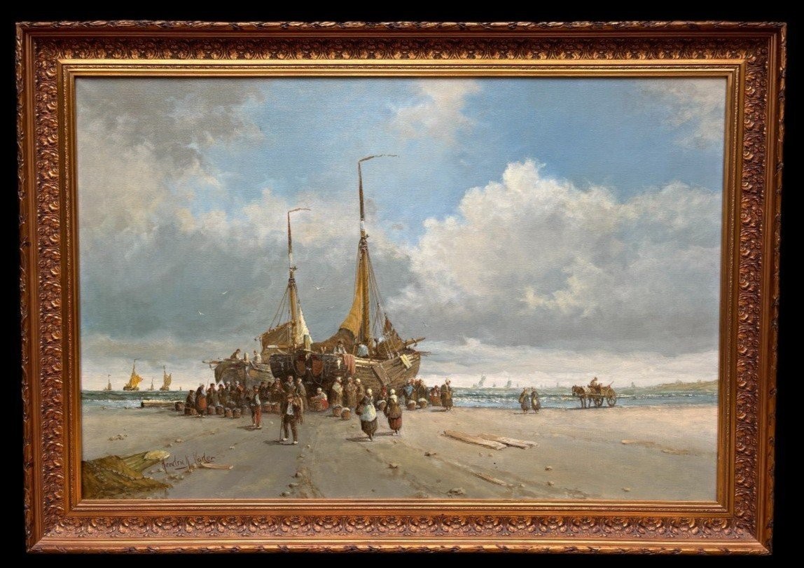 Large decorative painting ‘view of the beach’ oil on canvas 20th century. Beautiful painting depicting a beach scene with people, a horse with a cart and boats after fishing. Oil on canvas
